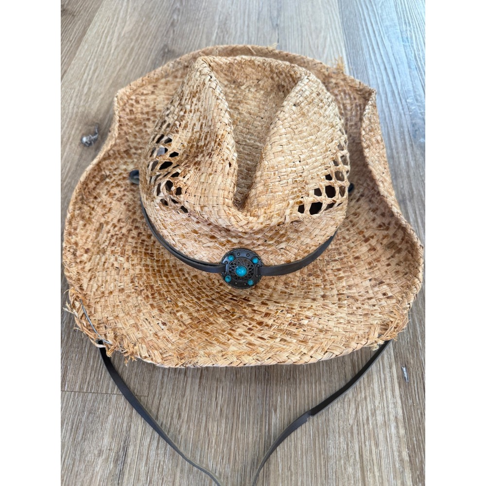 Bullhide Straw Cowboy Hat Womens L/XL Tan Turquoise Medallion Western Anytime